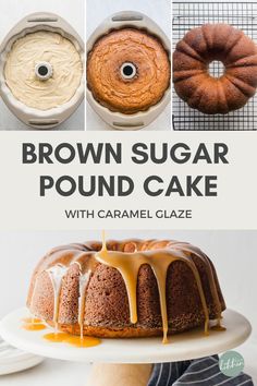 brown sugar pound cake with caramel glaze on top and in the middle, surrounded by bundt cakes