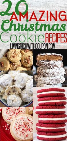 christmas cookies and desserts are featured in this collage with the words, 20 amazing christmas