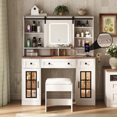 The design blends farmhouse elements, This makeup vanity table comes with a power strip, which includes 2 standard plug sockets and 2 USB ports. Easily connect a hair dryer, or curling iron, and charge your phone or other electronics. Gently touch the button to adjust 3 color modes, Long press to adjust brightness. Slide the mirror to either side you like freely making your daily beauty rituals effortless and enjoyable. Add elegance to your bedroom with a barn-door vanity desk. Crafted with meta Plug Sockets, Beauty Rituals, Makeup Table Vanity, Glass Cabinet Doors, Vanity Desk, Rgb Led Lights, Plug Socket, Drawer Slides, Vanity Table