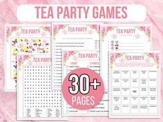 printable tea party games with pink flowers and hearts on the side, in front of a