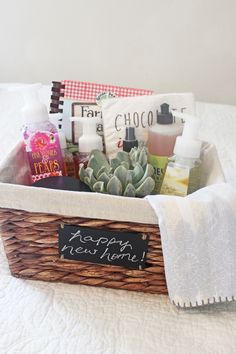 a basket filled with personal care items on top of a bed