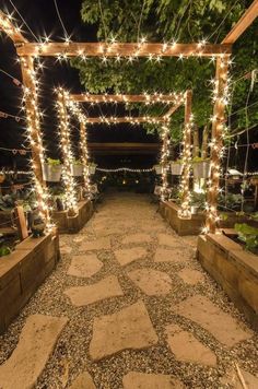 an outdoor walkway with lights strung over it