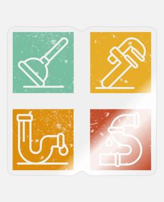 four square stickers with different types of pipe and wrench, including the letter s