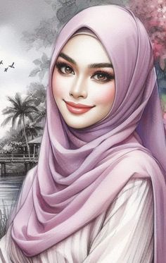 a painting of a woman wearing a hijab with flowers around her head and trees in the background