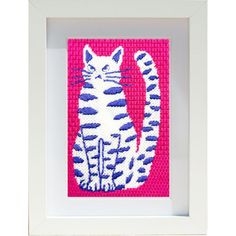 a cross stitch picture of a cat in pink and white with blue stripes on it's tail