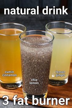 three glasses filled with different types of drinks