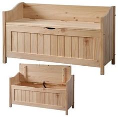 two wooden benches with storage compartments on each side