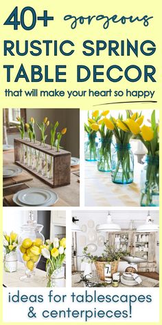 a collage of photos with yellow flowers in vases and white plates on the table