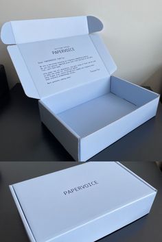 two open boxes sitting on top of a table