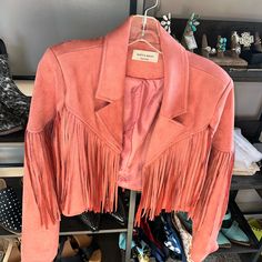 Brand New Never Worn Simply Don’t Have The Tags Chic Fringe Outerwear For Spring, Chic Spring Outerwear With Fringe, Chic Fringed Outerwear For Spring, Casual Fitted Fringe Outerwear, 2xl Pink Fringe Jacket Cowgirl, Spring Suede Outerwear With Fringe, Pink Velvet Biker Jacket, Leather Fringe Coats & Jackets, Long-sleeved Suede Outerwear With Faux Fur Lining