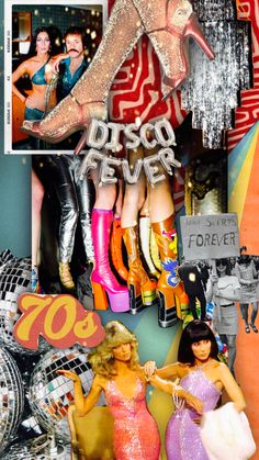 the collage shows two women in dresses and high heeled boots, with disco fever written on them