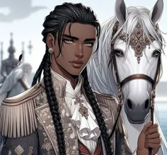 a man with braids standing next to a white horse