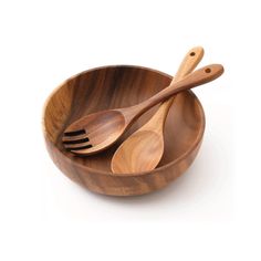 two wooden spoons and fork in a bowl