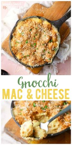 an image of macaroni and cheese in a skillet with the words gnocchi