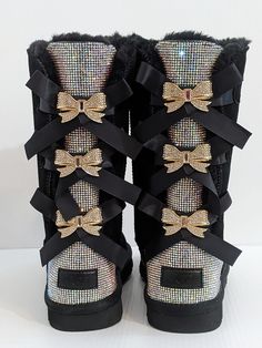 Custom Bling Rhinestones Genuine Sheepskin Boots UGG Czech Rhinestones Tall Ugg Boots With Bows, Rhinestones Boots, Bedazzled Shoes Diy, Juicy Couture Boots, Pearl Boots, Cute Uggs, Uggs With Bows, Tall Uggs, Pink Uggs