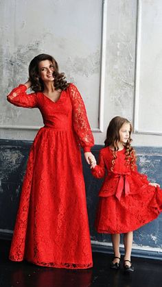 Red Lace Mother Daughter Matching Dress, Mommy and Me Formal Dress, Matching Outfit, Mother daughter matching dresses in red color Mommy`s outfit is floor length A line dress with long sleeves. Daughter`s dress is knee length lace dress with basque. Dresses are made of lace and are fully lined Dresses can be tailored in different colors of lace and tulle or color combinations, just contact me with your request. Length of the dress can be made as you wish. Any changes of the design of the dresses Formal Dress Photoshoot, Photos Mom And Daughter, Formal Family Photos, Mother Daughter Matching Dresses, Knee Length Lace Dress, Mother And Children, Birthday Tutu Dress, Mother Daughter Dresses Matching, Red Holiday Dress