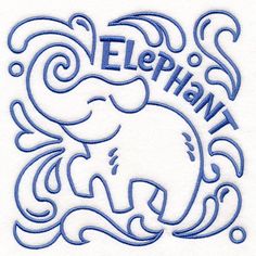 an elephant with the words elephant on it's face in blue and white embroidery