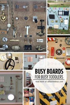 there are many different things on the wall in this collage with words busy boards for busy toddlers