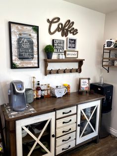 a coffee bar with two shelves above it