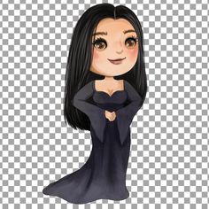 a cartoon girl with long black hair wearing a dress and holding her hand on her hip