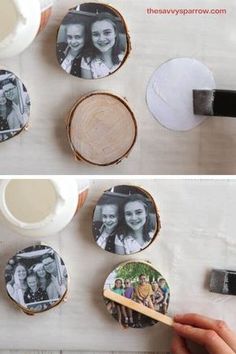 two pictures are being used to make coasters with wood slices and paintbrushes