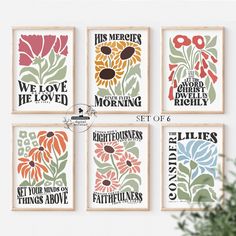 four framed art prints with flowers and the words, we love the lord in each