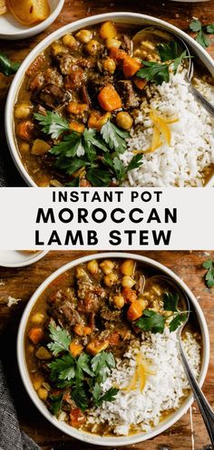 two bowls of moroccan lamb stew with rice and parsley on the side text instant pot moroccan lamb stew