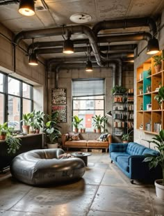 a living room with lots of plants and couches