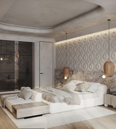 a large white bed sitting inside of a bedroom next to a wooden floor and wall