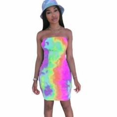 Stand Out In This Stretchy, Strapless Dress In Sexy Bodycon Style In Tie Dye Please Note: Stock Photo Is To Show Style Of Wear Only- Refer To Actual Dress Photos For Tie Dye Pattern Brand: Revamped Mrsp: $19.99 Size: M (8-10) Measurements: 38" 30" 40" Length Shoulder To Hem 39" Condition: New With Tag Fabric: 92/8 Wash Instructions: Machine Color: Yellow/Blue/Pink..Multi Smoke Free Environment Fast Shipping Pink Stretch Mini Dress For Summer, Summer Strapless Bodycon Mini Dress, Bodycon Strapless Summer Beach Dress, Bodycon Strapless Beach Dress For Summer, Bodycon Strapless Dress For Beach In Summer, Summer Pink Stretch Mini Dress, Strapless Bodycon Beach Dress For Summer, Pink Bandeau Strapless Dress For Summer, Bodycon Bandeau Mini Dress For Summer