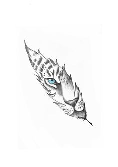 a drawing of a cat's head with blue eyes and feathers on the side