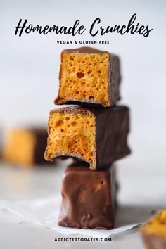 three pieces of homemade crunchies stacked on top of each other with text overlay