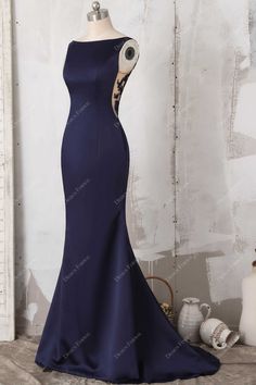 Bateau Neckline Formal Dress, Navy Blue Gown Elegant Formal, Navy Blue Formal Dress Long Classy, Navy Mermaid Dress, Navy Formal Dress Long, Navy Satin Prom Dress, Navy Blue Evening Dress, Elegant Mermaid Dress, Navy And Gold Dress