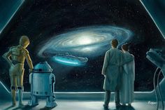 two people standing in front of a star wars scene with a droid and c - 3po