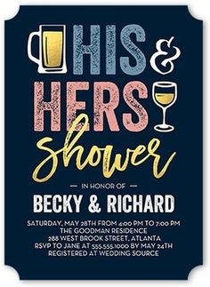 this is an image of a beer and wine themed wedding shower party card with the words,