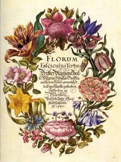 an old book with flowers in the center and words below it that read florum enlightening the soul