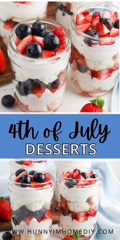 desserts in jars with strawberries and blueberries on top