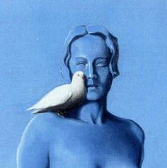 a white bird sitting on the back of a blue man's head and shoulders