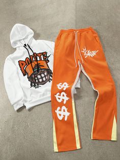 Men's Cartoon Pattern Hooded Sweatshirt And Drawstring Sweatpants Casual Suit ,Men Two Piece Outfits ,Orange Color Contrast Hip-Hop Fun Cartoon Pattern Design ,Men Tracksuit Multicolor Casual  Three Quarter Length Sleeve Knitted Fabric Letter  Slight Stretch  Men Clothing, size features are:Bust: ,Length: ,Sleeve Length: Orange Mens Outfits, White Sets For Streetwear In Winter, Orange Pants For Streetwear In Fall, White Long Sleeve Sets For Streetwear, White Letter Print Tracksuit For Streetwear, Streetwear Athleisure Tracksuit With Letter Print, Winter Graphic Print Tracksuit For Streetwear, White Winter Streetwear Sets, Orange Cotton Pants For Streetwear