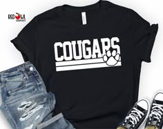 Personalized Cougar School Spirit T-Shirt Crewneck, Hoodie Hooded Sweatshirt Football, Baseball, Basketball, Softball, Track, Volleyball, Cross Country, Cheer, Wrestling Not all colors are available in all sizes and styles.  Please check the color and size charts in photos. We do our best to accurately represent shirt colors by using actual photos but do understand that all monitors will display differently. Please contact us prior to purchase with any questions on sizing or colors. Your purchas Cougars Spirit Shirts, Elementary School Sweatshirts Designs, Cougar Shirt Design, Retro School Spirit Shirts, Middle School Cheer Shirts, Elementary Spirit Shirts, Alumni Tshirt Design Ideas, School Sweatshirts Designs, School Spirit Shirt Ideas