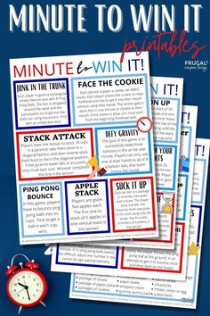 three minute to win it printables with an alarm clock on the side and text below