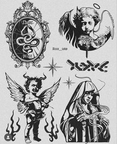 some old school tattoo designs on a white paper with black and white ink, including an angel