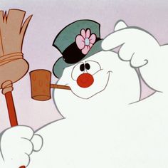 a cartoon snowman holding a broom and wearing a top hat with a flower on it