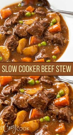 A collage of beef stew in a bowl with stew meat and vegetables. Slow Cooker Recipes Beef Stew, Crockpot Recipes Beef Stew, Slow Cooker Recipes Beef, Slow Cooker Beef Stew, Salad Pasta, Crockpot Recipes Beef, Beef Stew Recipe, Buffalo Chicken Dip