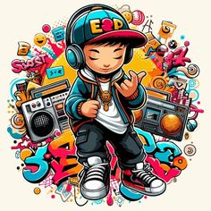 a cartoon boy with headphones and music equipment