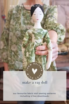 a woman holding a doll in her hands with the words make a rag doll on it