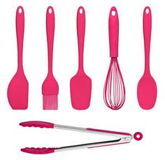 green kitchen utensils and spatulas are shown in this image, including one whisk