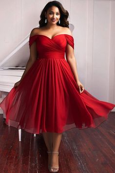 Xpluswear Design Plus Size Cocktail Party Midi Dresses Elegant Red Fall Winter Off The Shoulder Short Sleeve Pleated A-Line Chiffon Midi Dresses Plus Size Wedding Dresses Red, Plus Size Red Dress Formal, Curvy Evening Gowns, Red Bridesmaid Dresses Plus Size, Plus Size Party Dress Special Occasions, Red Cocktail Dress Classy, Plus Size Dresses To Wear To A Wedding, Plus Size Off Shoulder Dress, Red Plus Size Dress