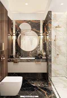 an elegant bathroom with marble walls and flooring