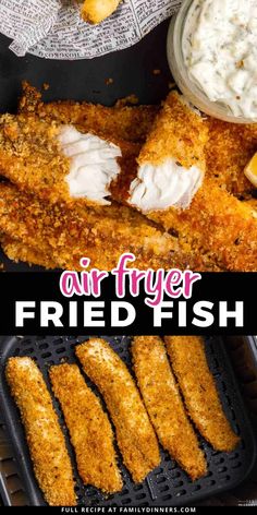 air fryer fried fish with lemon wedges and sour cream sauce on the side